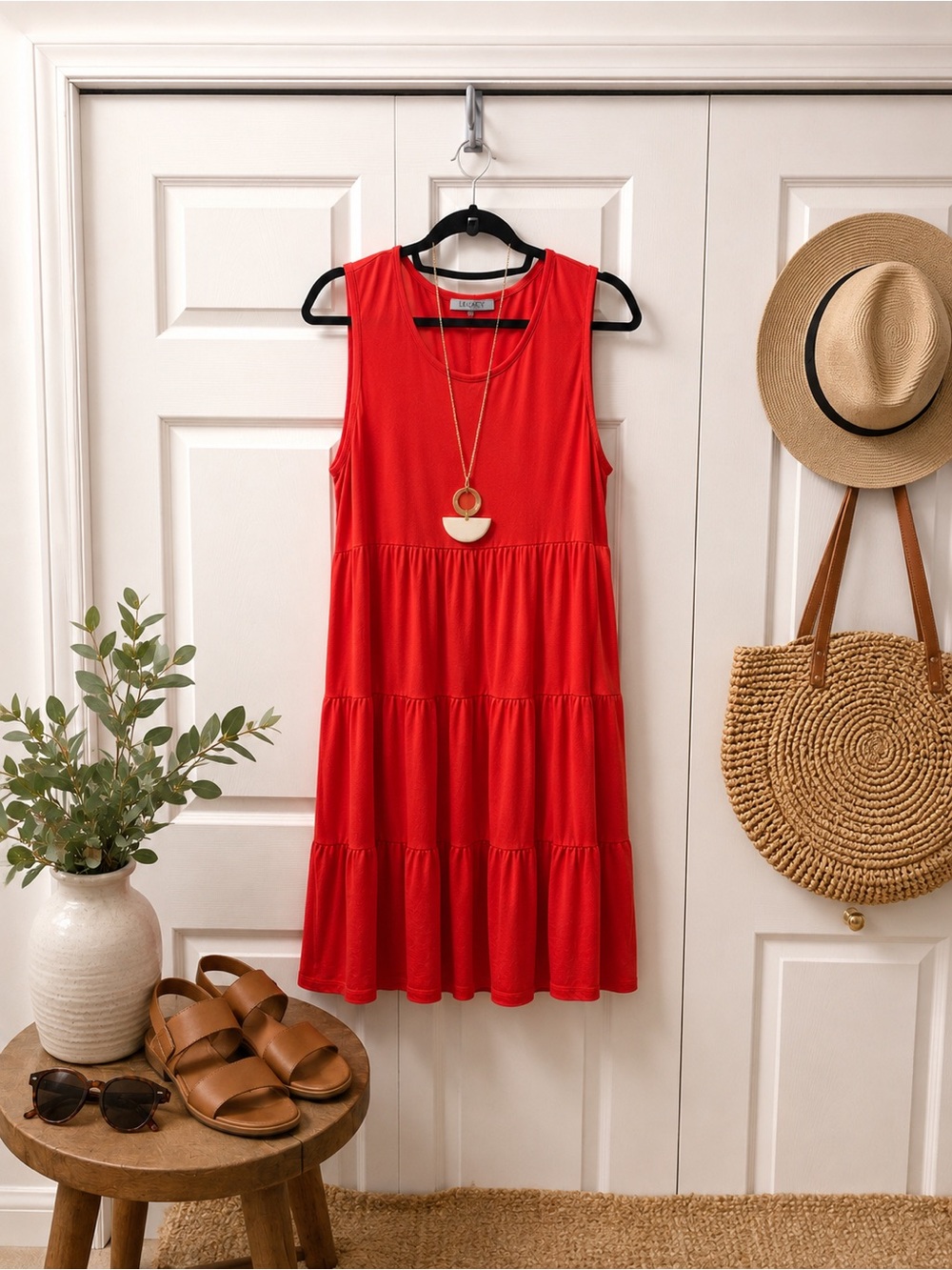 Legacy Sleeveless Red Tiered Midi Dress